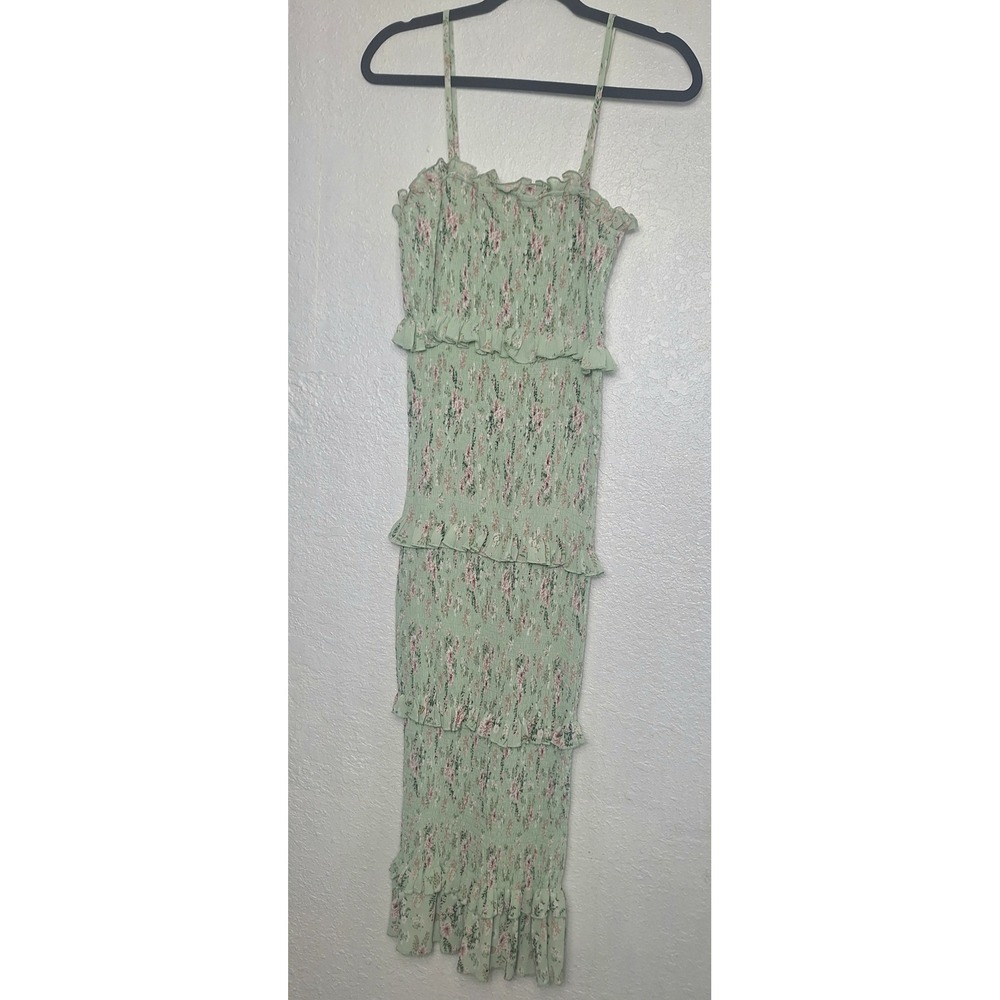Mable Sage Green Floral Smocked Tiered Ruffle Midi Dress MD2291A Womens Size M